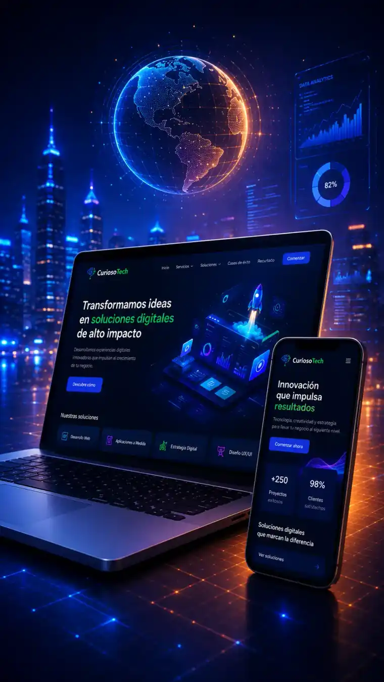 Portátil y teléfono mostrando el sitio CuriosoTech frente a una ciudad iluminada de noche y un globo terráqueo digital